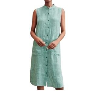 Eileen Fisher medium Amal organic linen Mandarin collar tunic dress D2 3292